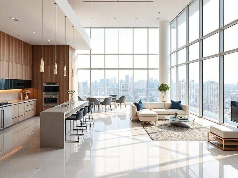 Open-plan kitchen and living area with floor-to-ceiling windows overlooking a city skyline