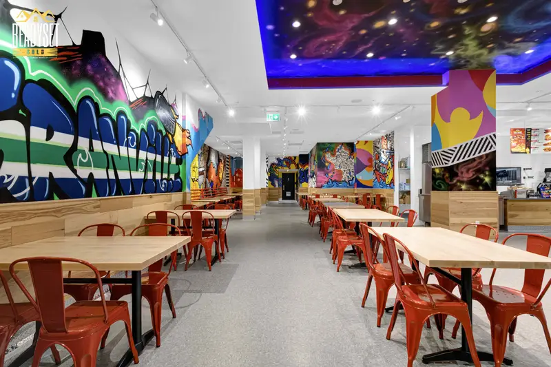 Dave's Hot Chicken Granville St restaurant interior dining aisle photography