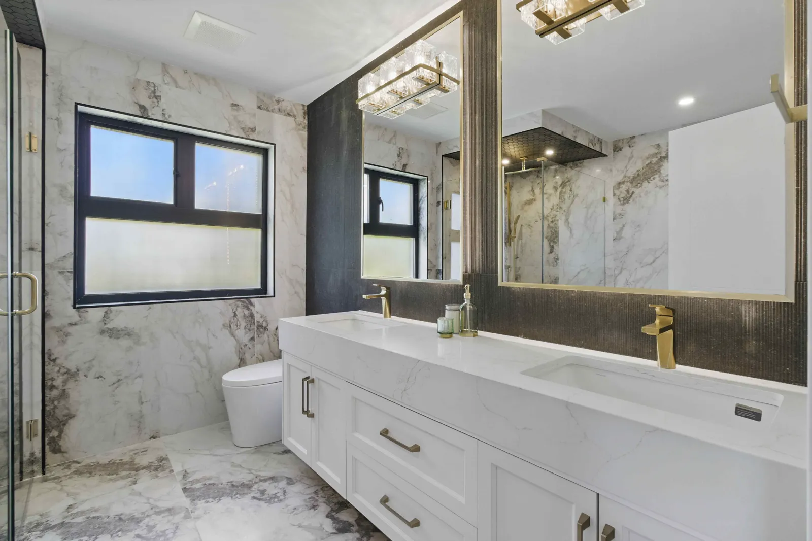 Luxury bathroom photography with marble finishes for real estate marketing