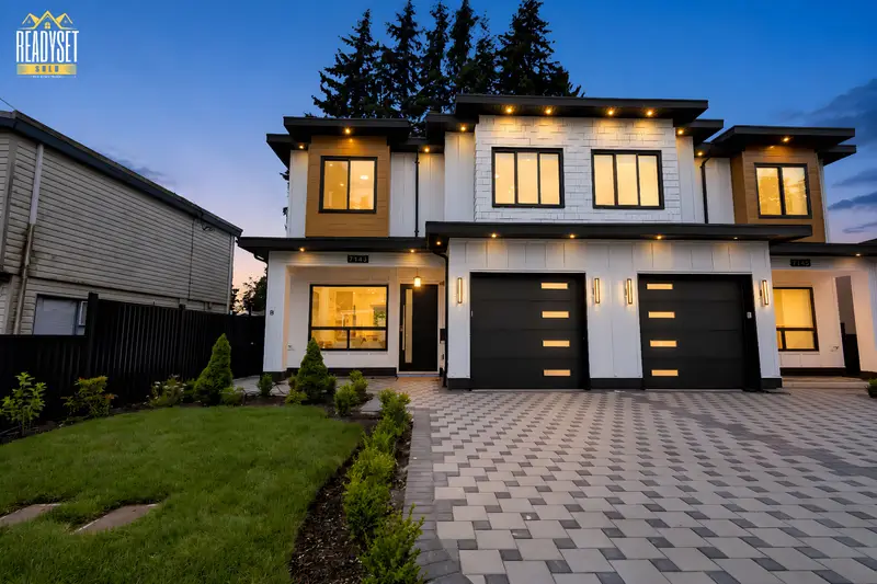 North Delta luxury property photography — twilight front exterior with warm interior lighting