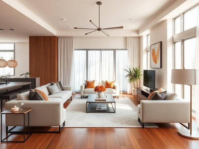 Bright living room with white sofas, hardwood floors and tall windows